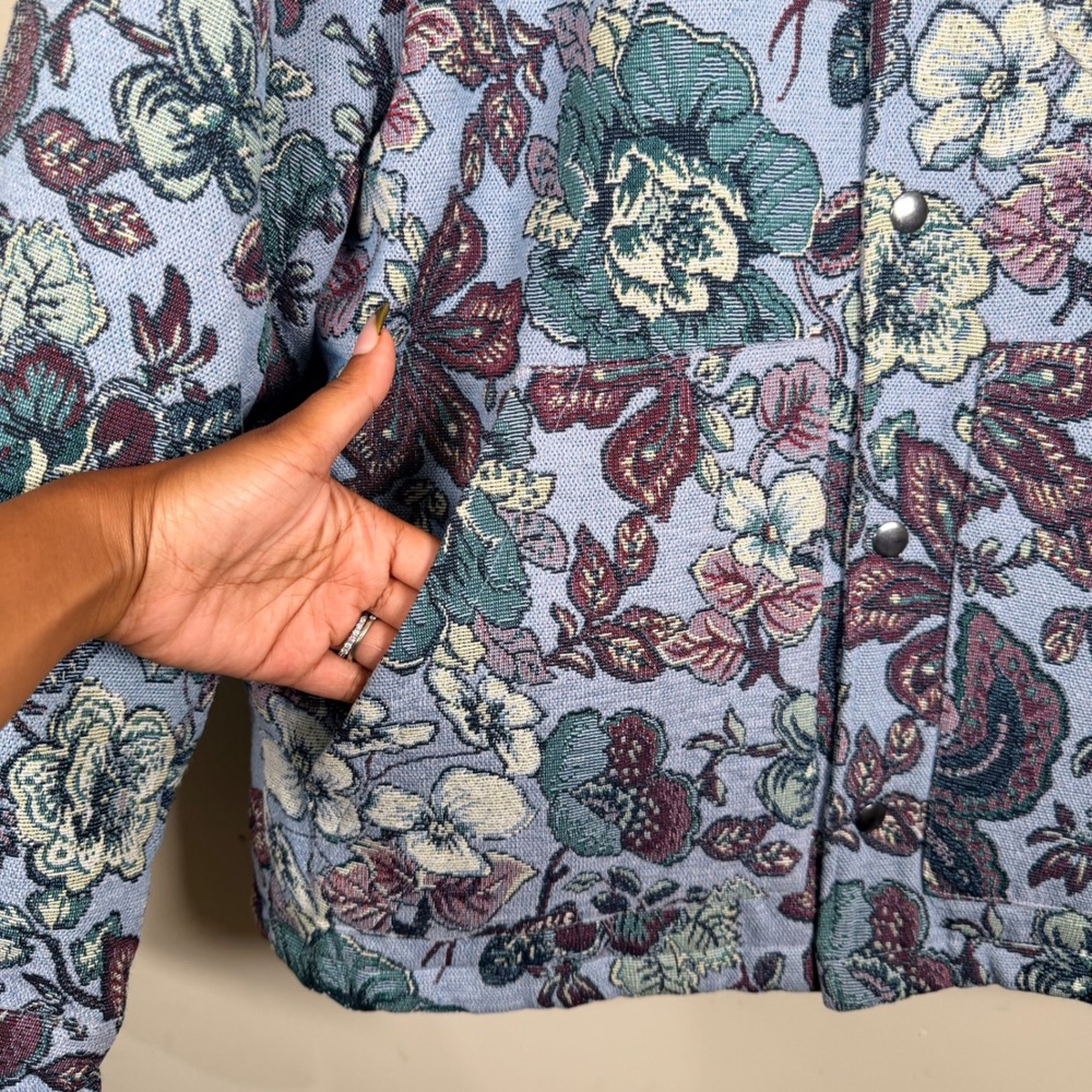 Zara Mens Blue Floral Tapestry Snap Button Jacket Chore Coat Large Maximalist - Picture 7 of 12